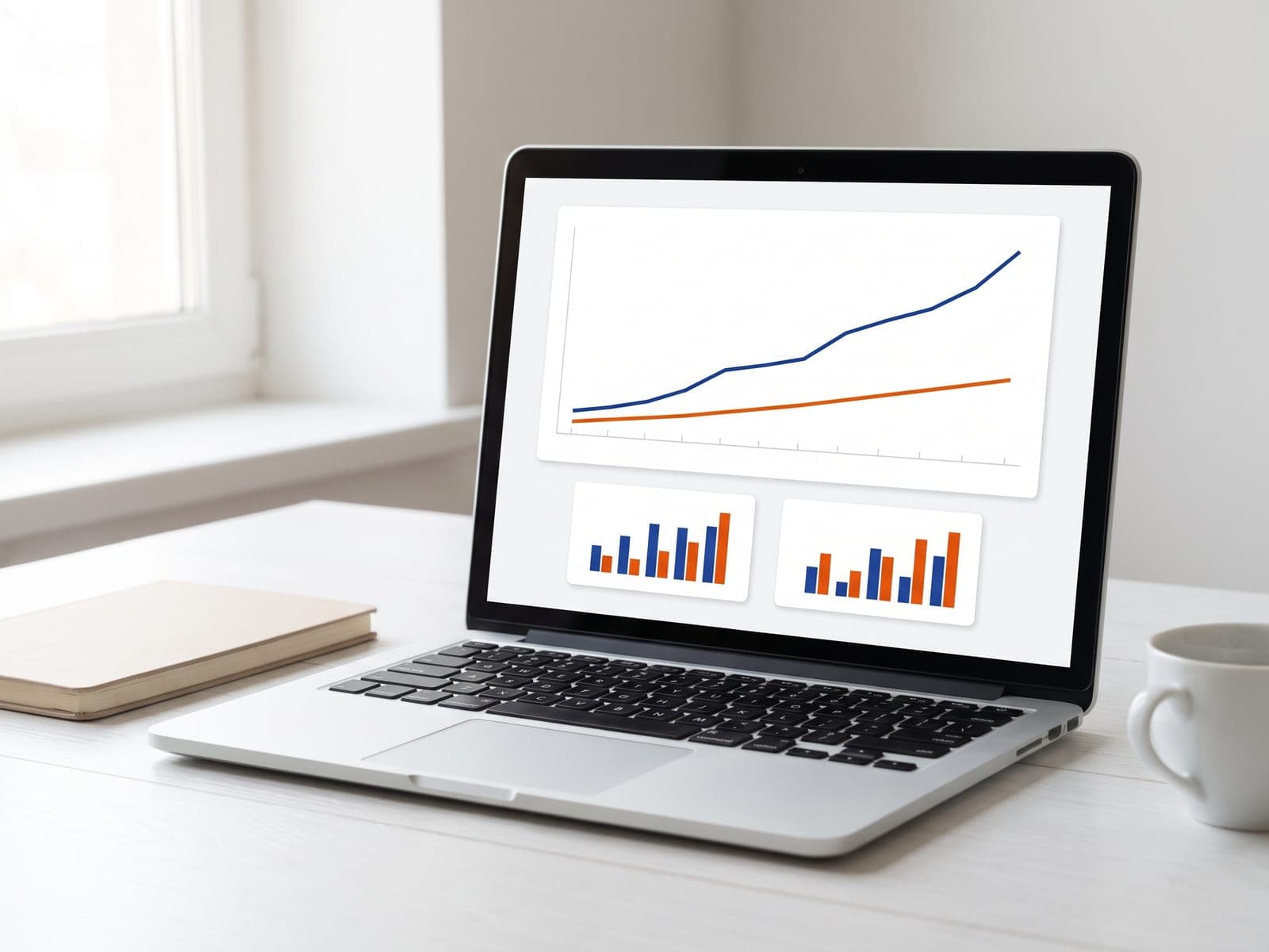 Laptop showing a steadily rising organic traffic chart