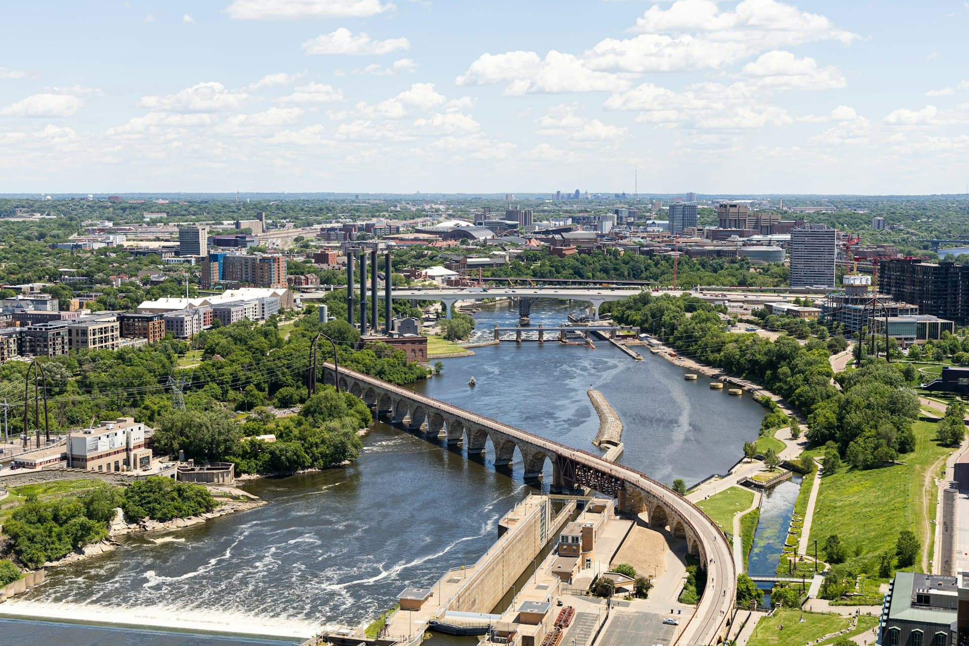 Aerial view of Minneapolis Stone Arch Bridge and Mississippi River