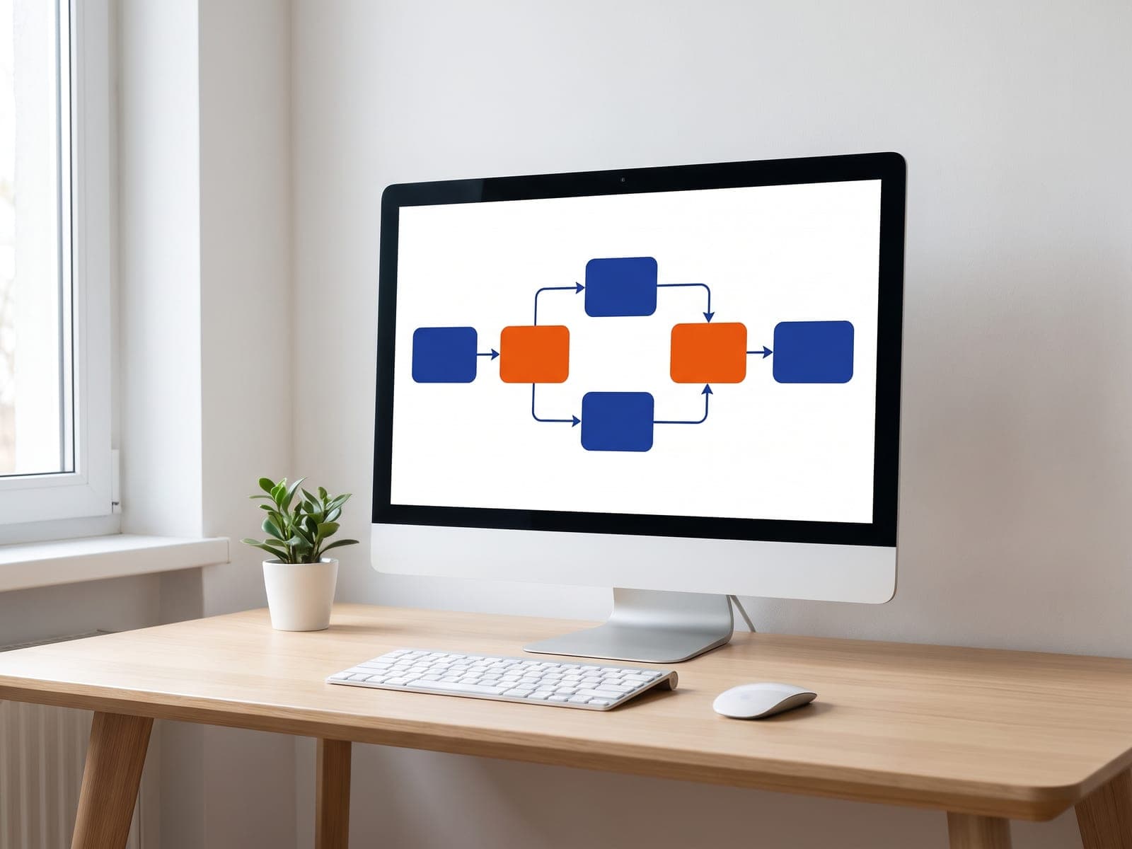 Monitor showing a connected workflow diagram