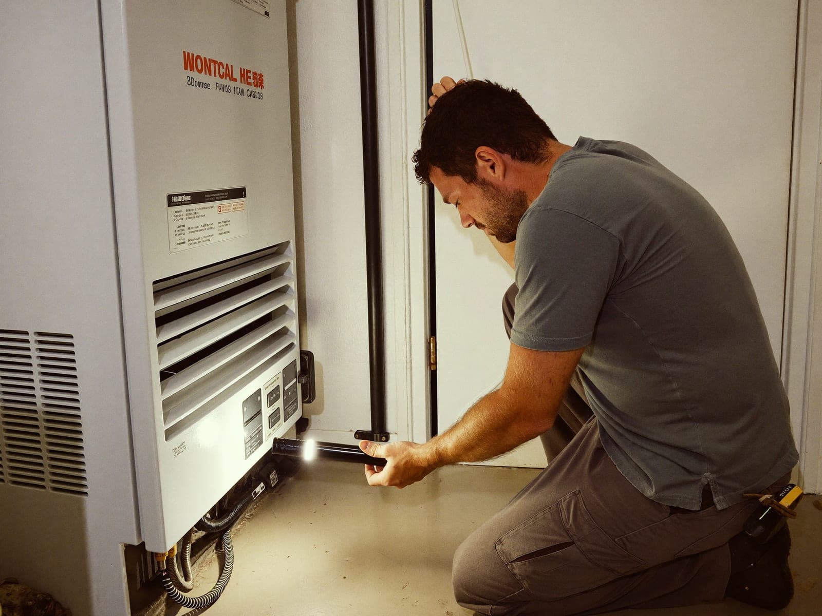 Service technician checking equipment in a home utility room