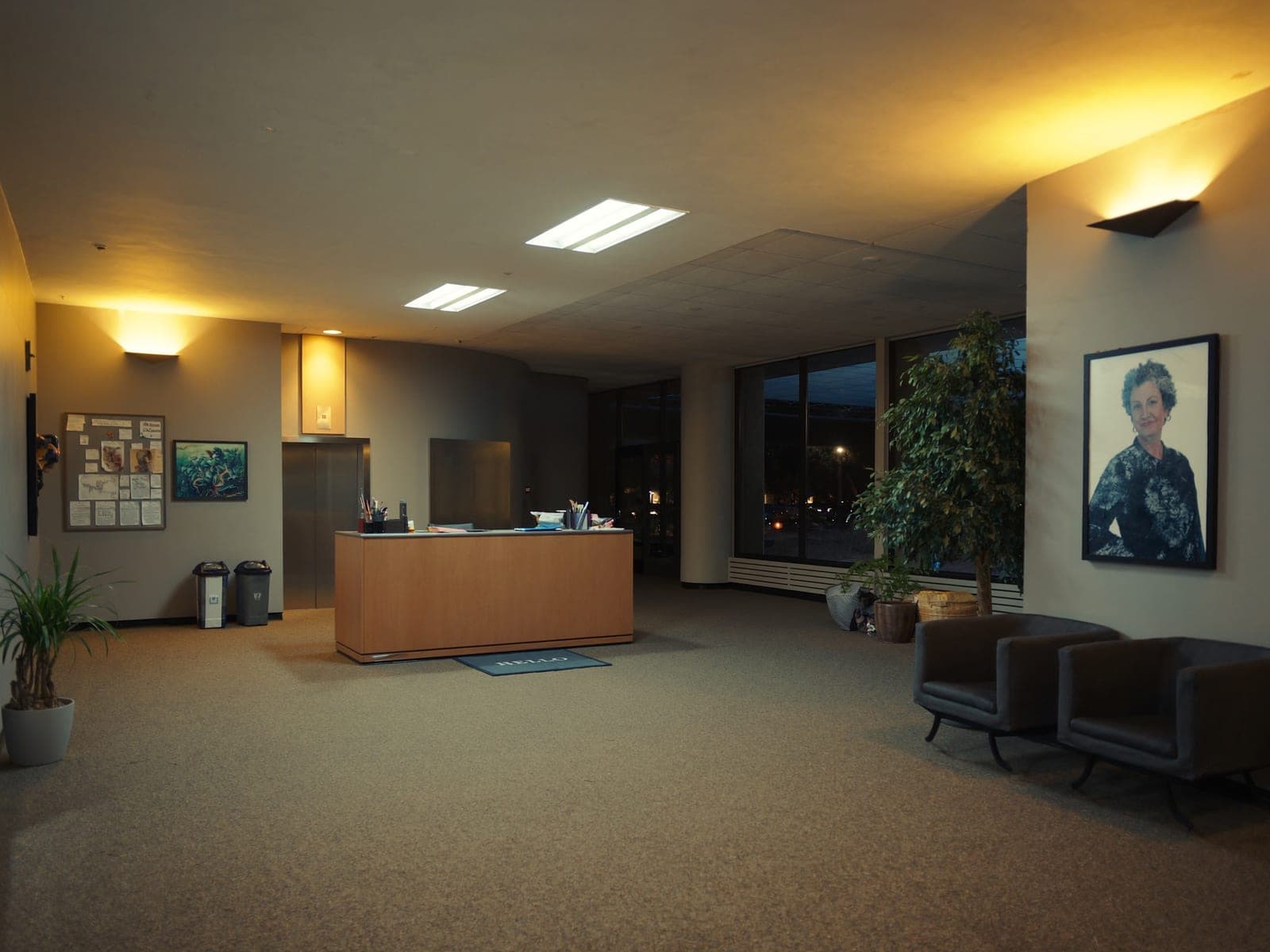 Professional office reception area in warm light