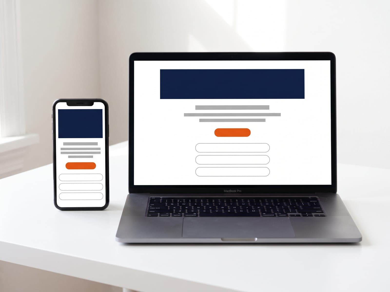Laptop and phone side by side showing a clean landing page layout