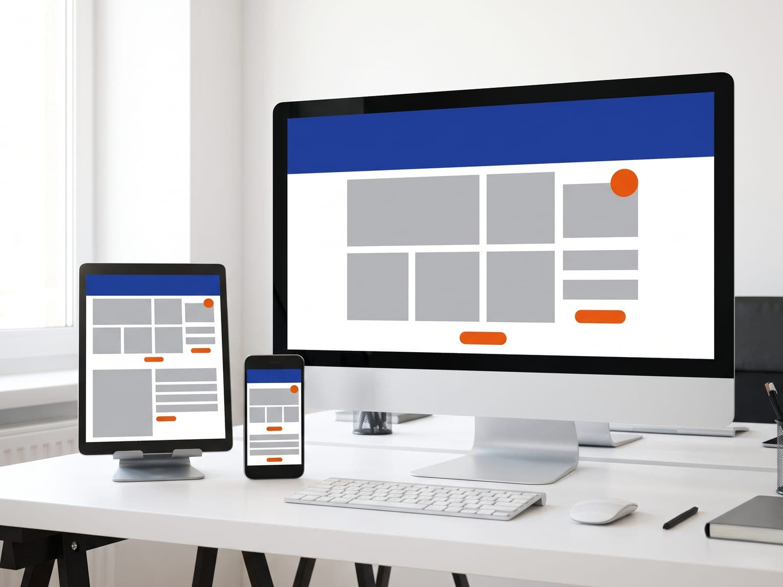 Desktop, tablet and phone showing the same responsive site layout