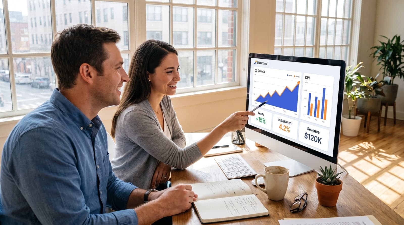 Two marketers reviewing Google Ads campaign performance and analytics on a monitor in a bright office